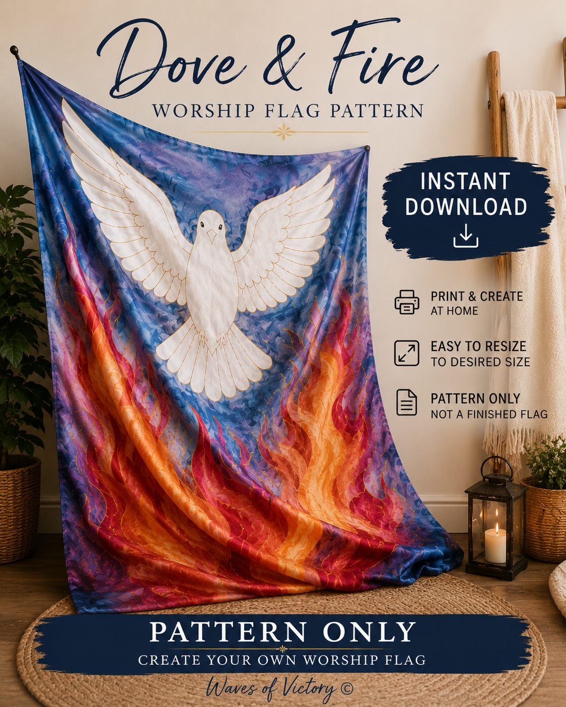 Holy Spirit Fire Worship Flag Pattern | Dove & Flame Christian Silk Painting Pattern | Printable Tracing Template | Instant Download